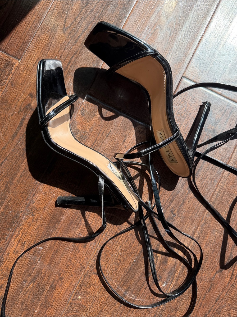 Steve Madden Black Patent Wrap-Strap Stiletto Sandals
